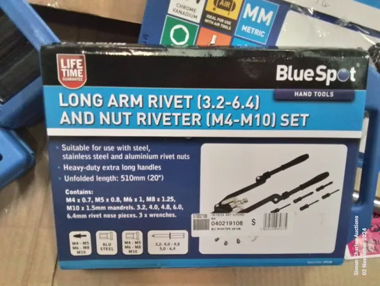 BOX CONTAINING MIXED TOOLS TO INCLUDE: BOXED BLUESPOT LONG ARM RIVET AND NUT RIVETER (M4-M10) SET,  16PC DEEP IMPACT SOCKET SET, 8 PC MICRO SOLDERING TERMINAL.