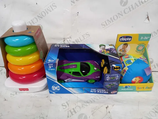 BOX OF APPROXIMATELY 20 ASSORTED TOYS AND GAMES TO INCLUDE CHICCO BABY SENSES SOFT BALL, DC THE JOKER R/C RACER, FISHER PRICE ROCK-A-STACK, ETC