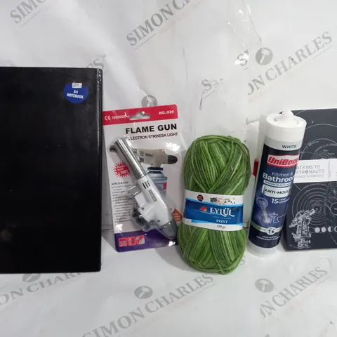BOX OF APPROXIMATELY 8 ASSORTED ITEMS TO INCLUDE - FLAME GUN - A4 NOTEBOOK - UNI BOND SILICONE SEALANT ECT