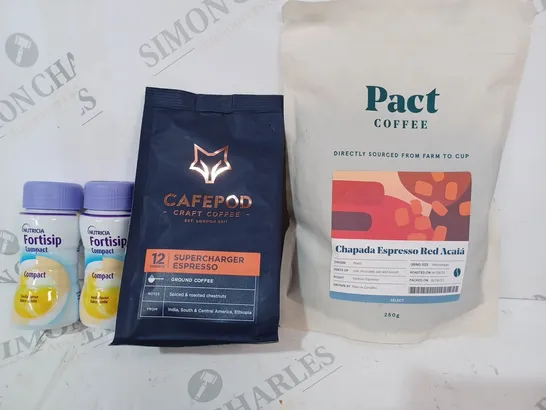 APPROXIMATELY 5 ASSORTED FOOD AND DRINK ITEMS TO INCLUDE PACT COFFEE CHAPADA ESPRESSO RED ACAIÁ, CAFEPOD SUPERCHARGER ESPRESSO, NUTRICIA FORTISIP COMPACT 125ML BOTTLE IN VANILLA FLAVOUR, ETC