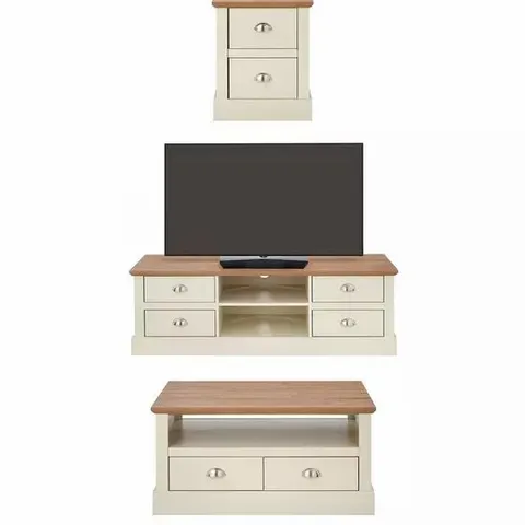 BOXED GRADE 1CRAWFORD 3 PIECED PACKAGE OF COFFEE TABLE, LAMP TABLE AND TV UNIT, IVORY OAK (2 BOXES)