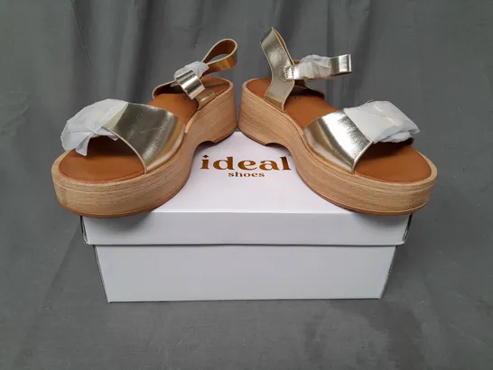 BOXED PAIR OF IDEAL PLATFORM OPEN TOE SANDALS IN METALLIC GOLD EU SIZE 38