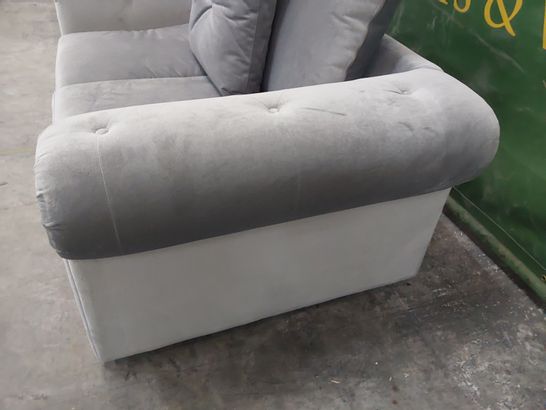 DESIGNER FIXED TWO SEATER SCROLL ARM SOFA GREY PLUSH FABRIC WITH SCATTER CUSHIONS