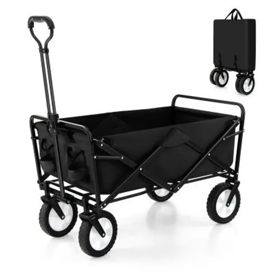 BOXED COSTWAY FOLDABLE HANDCART WITH ADJUSTABLE HANDLE & CUP HOLDERS UP TO 68kg LOAD CAPACITY - BLACK