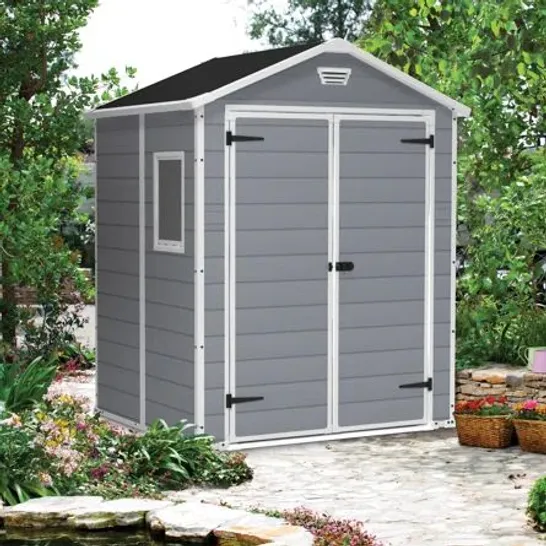 BOXED KETER MANOR 6FT W X 5FT D APEX OUTDOOR GARDEN SHED (1 BOX)