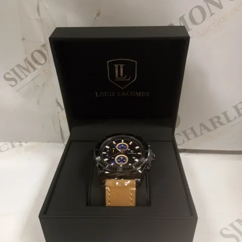 MENS LOUIS LACOMBE CHRONGRAPH WATCH – 3 SUB DIALS – BLACK CASE – LEATHER STRAP