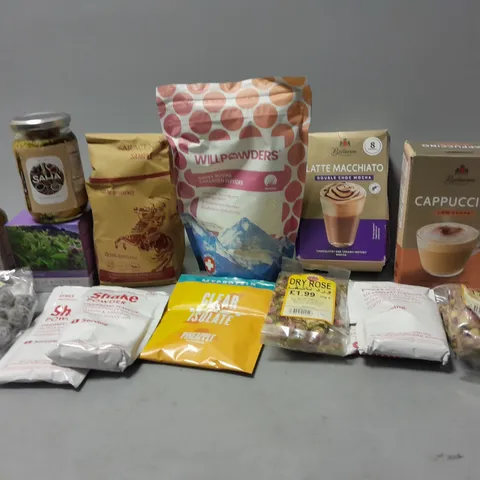 LOT OF ASSORTED FOOD ITEMS TO INCLUDE CAPPUCCINO SACHET, DRYED ROSES ETC