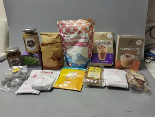 LOT OF ASSORTED FOOD ITEMS TO INCLUDE CAPPUCCINO SACHET, DRYED ROSES ETC