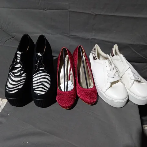 APPROXIMATELY 12 PAIRS OF ASSORTED SHOES TO INCLUDE CASANDRA HEELS IN GLITTER RED SIZE 4, CASANDRA WEDGE SHOES SIZE 6, CHUNKY WHITE TRAINERS SIZE 5