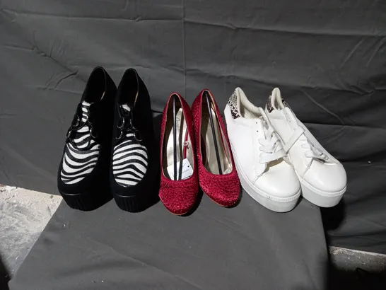 APPROXIMATELY 12 PAIRS OF ASSORTED SHOES TO INCLUDE CASANDRA HEELS IN GLITTER RED SIZE 4, CASANDRA WEDGE SHOES SIZE 6, CHUNKY WHITE TRAINERS SIZE 5