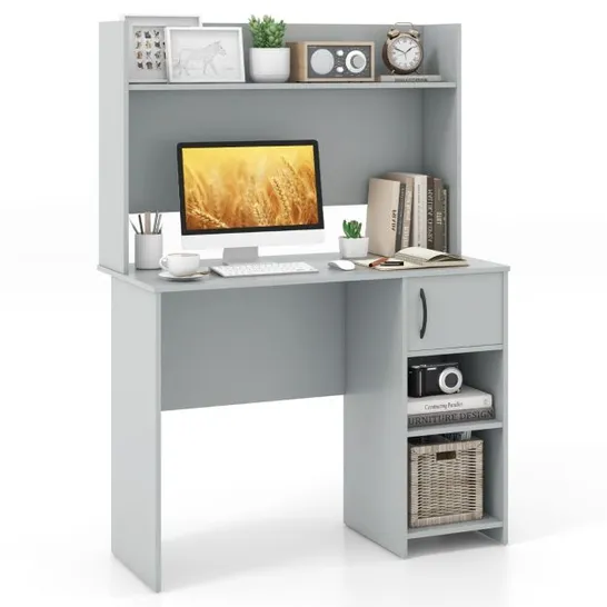 BOXED COSTWAY COMPUTER DESK WITH HUTCH & 2 OPEN SHELVES - GREY