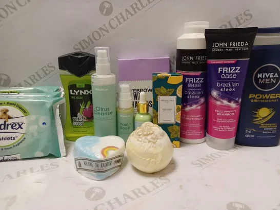 LOT OF 10 ASSORTED BEAUTY PRODUCTS TO INCLUDE WILDMINT CITRUS CLEANSE, JOHN FRIEDA SHAMPOO, NIVEA MEN SHOWER GEL, ETC 