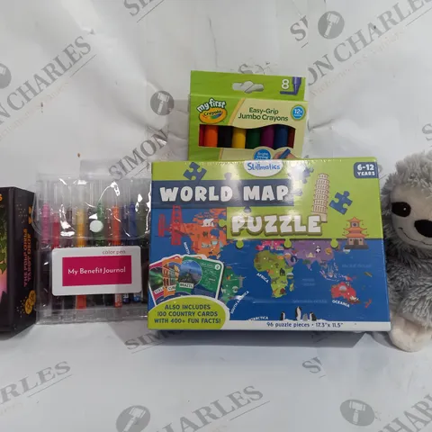 BOX OF APPROX 25 ASSORTED TOYS TO INCLUDE - WORLD MAP PUZZLE - CRAYOLA JUMBO CRAYON - MY BENEFIT JOURNAL COLOUR PENS ECT