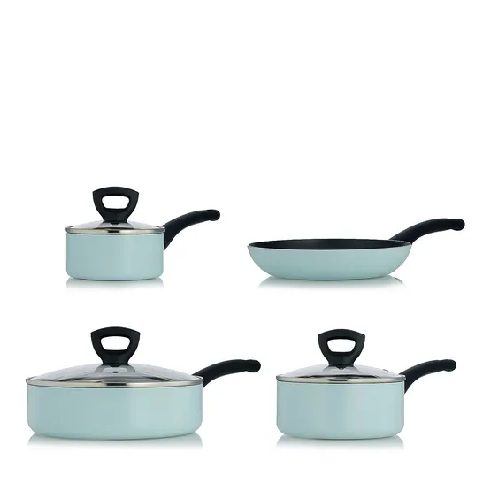 COOK'S ESSENTIALS 4 PIECE NON STICK COOKWARE SET WITH BAKELITE HANDLES- PASTEL BLUE