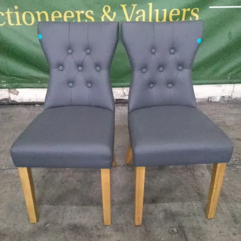 SET OF 2 NEW BEWLEY GREY LEATHER BUTTON BACK DINING CHAIRS (OAK LEG)