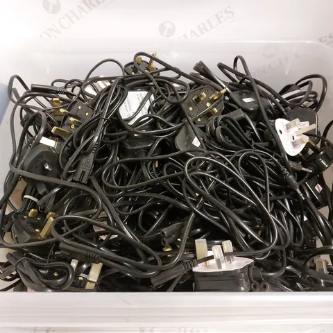 BOX OF APPROX 50 ASSORTED POWER CABLES FOR VARIOUS TELEVISIONS