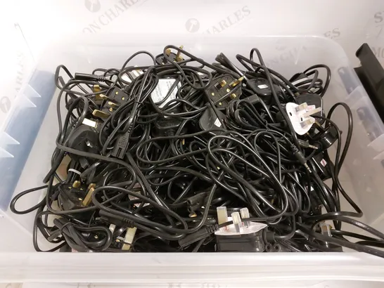 BOX OF APPROX 50 ASSORTED POWER CABLES FOR VARIOUS TELEVISIONS