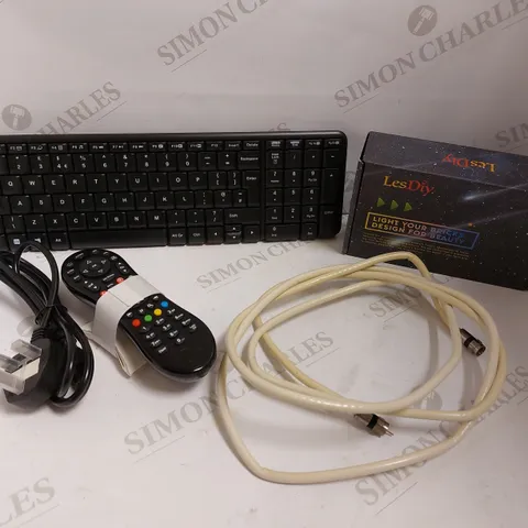 BOX OF APPROX 5 ITEMS TO INCLUDE WIRELESS KEYBOARD, UNIVERSAL REMOTE, LESDIY LEGO BRICK LIGHTS