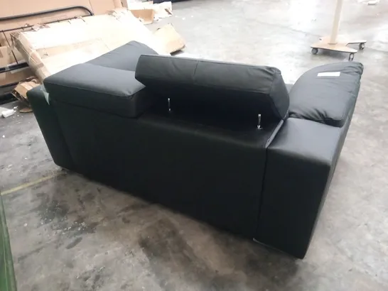 DESIGNER BLACK FAUX LEATHER TWO SEATER SOFA WITH SQUARE PANEL DETAIL AND ADJUSTABLE HEADRESTS