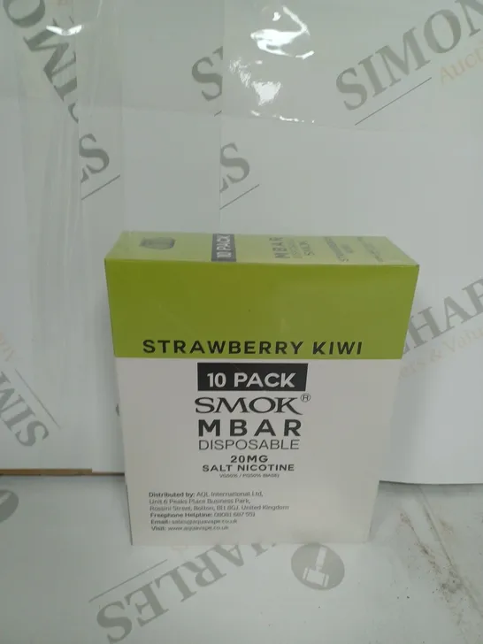 BOX OF APPROXIMATELY 10 BOXES OF STRAWBERRY KIWI 10 PACK SMOK M BAR DISPOSABLE 20MG SALT NICOTINE