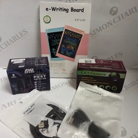 BOX OF APPROX 10 ASSORTED ITEMS INCLUDING CHILD E-WRITING BOARD, PEST REPELLER AND CAR CAMERA