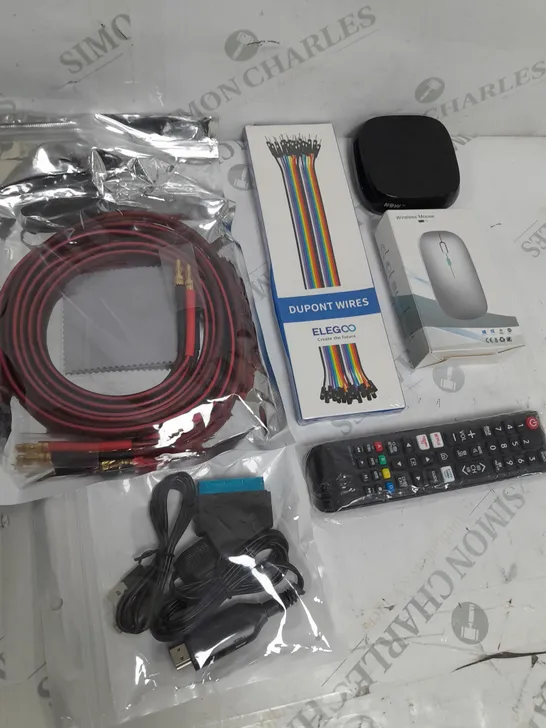 BOX OF APPROXIMATELY 15 ASSORTED ITEMS TO INCLUDE - WIRELESS MOUSE, DUPONT WIRES, NOW TV BOX ETC