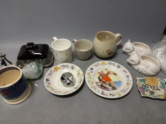 ASSORTED HOUSEHOLD ITEMS TO INCLUDE MUGS, BUTTER BOARD, AND TEA POTS ETC. 