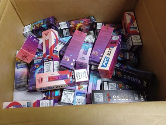 BOX OF APPROXIMATELY 20 ASSORTED 0% NICOTINE ECIGS TO INCLUDE GUAVA ICE, BLUE RAZZ GUMMY, RASBERRY MIND ETC