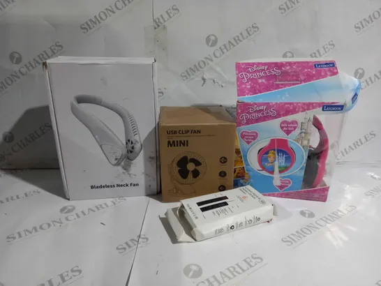 APPROXIMATELY 20 ASSORTED ITEMS TO INCLUDE BLADELESS NECK FAN, WIRELESS SIGNAL AND HIDDEN CAMERA DETECTOR, DISNEY PRINCESS HEADPHONES ETC. 