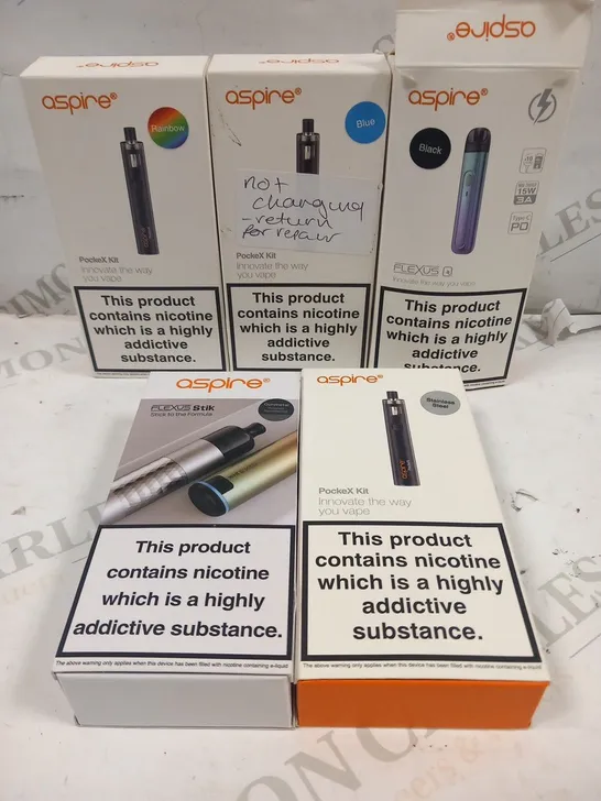 5 ASSORTED ASPIRE VAPING PRODUCTS TO INCLUDE; FLEXUS Q AND POCKEX KIT