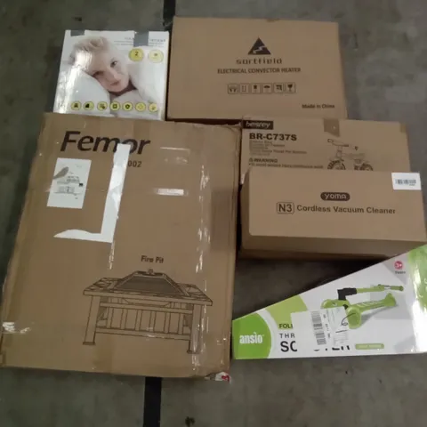 PALLET OF ASSORTED ITEMS INCLUDING FEMOR FIRE PIT, YOMA CORDLESS VACUUM CLEANER, ANSIO SCOOTER, BESREY BALANCE BIKE, SORTFIELD ELECTRICAL CONVECTOR HEATER, HEATED BLANKETS 