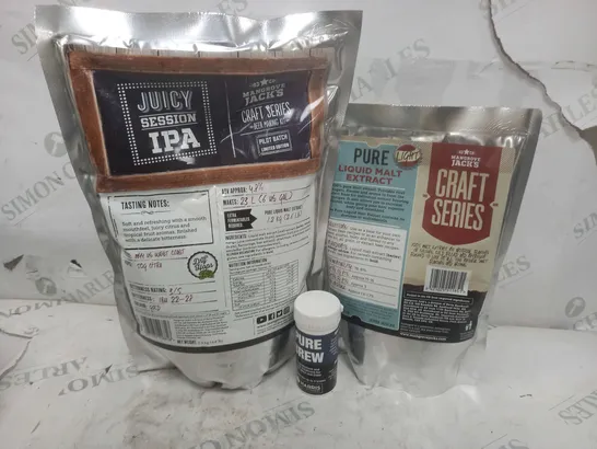 3 ALCOHOL RELATED PRODUCTS TO INCLUDE MANGROVE JACK'S PURE LIQUID MALT EXTRACT - LIGHT 1.2KG, MANGROVE JACKS BEER KIT JUICY SESSION IPA 2.2KG, HARRIS PURE BREW - COLLECTION ONLY