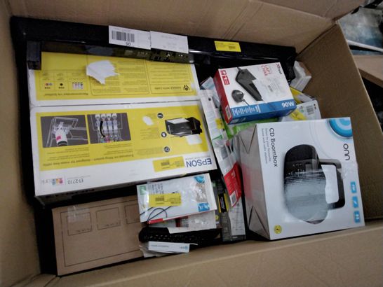 BOX OF ASSORTED ELECTRONIC ITEMS TO INCLUDE POLAROID DAB+ STEREO RADIO, STATUS USB LED STRIP, ONN WIRED HEADPHONES, TRUST UNIVERSAL LAPTOP CHARGER, MIXX STREAMBUDS AX, BLACKWEB WIRED HEADSET, ETC