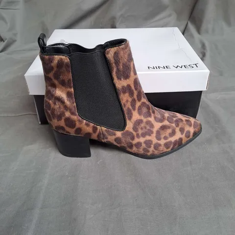 BOXED PAIR OF NINE WEST SYNTHETIC ANKLE BOOTS IN LEOPARD SIZE EU 35