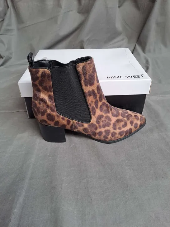 BOXED PAIR OF NINE WEST SYNTHETIC ANKLE BOOTS IN LEOPARD SIZE EU 35