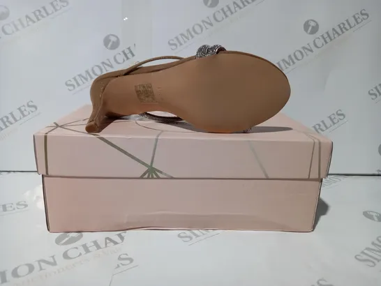 BOXED PAIR OF ESSEX GLAM OPEN TOE HEELED SANDALS IN ROSE GOLD COLOUR W. JEWEL EFFECT UK SIZE 3