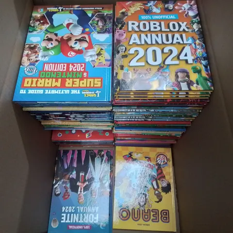 LARGE QUANTITY OF ASSORTED BOOKS AND 2024 ANNUALS TO INCLUDE GUINESS RECORDS 2024,  ROBLOX, POKEMON  AND BEANO