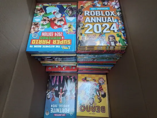 LARGE QUANTITY OF ASSORTED BOOKS AND 2024 ANNUALS TO INCLUDE GUINESS RECORDS 2024,  ROBLOX, POKEMON  AND BEANO