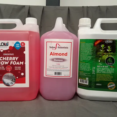FOUR ASSORTED LIQUID ITEMS TO INCLUDE HIGH FOAM CONCENTRATE, ALMOND SHAMPOO, WATER PLANT FERTILIZER, ETC - COLLECTION ONLY