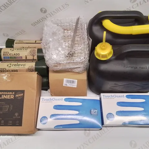 LOT OF 7 ASSORTED BRAND NEW HOMEWARE ITEMS TO INCLUDE 2X JERRY CANS & 2X NITRILE GLOVES 100-PACKS