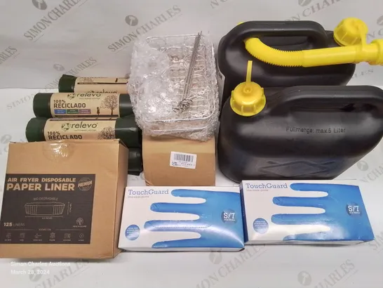 LOT OF 7 ASSORTED BRAND NEW HOMEWARE ITEMS TO INCLUDE 2X JERRY CANS & 2X NITRILE GLOVES 100-PACKS