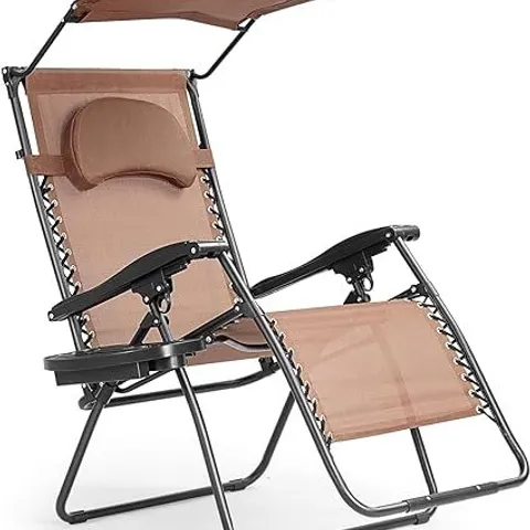 BOXED COSTWAY FOLDING RECLINER ZERO GRAVITY LOUNGE CHAIR W/ SHADE CANOPY CUP HOLDER - COFFEE