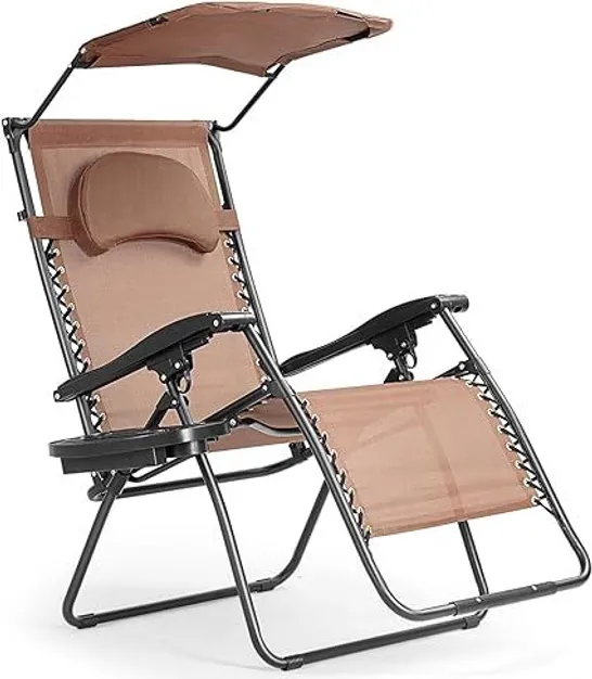 BOXED COSTWAY FOLDING RECLINER ZERO GRAVITY LOUNGE CHAIR W/ SHADE CANOPY CUP HOLDER - COFFEE