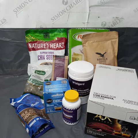 APPROXIMATELY 10 ASSORTED FOOD & DRINK ITEMS TO INCLUDE - NATURE'S HEART CHIA SEEDS - WELLGARD PURE COLLAGEN POWDER - LOR BARISTA XXL CAPSULES - ETC