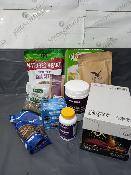 APPROXIMATELY 10 ASSORTED FOOD & DRINK ITEMS TO INCLUDE - NATURE'S HEART CHIA SEEDS - WELLGARD PURE COLLAGEN POWDER - LOR BARISTA XXL CAPSULES - ETC