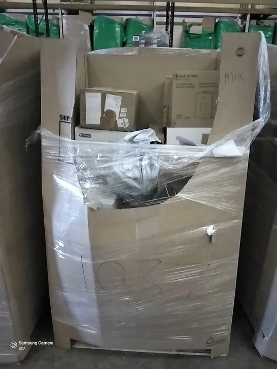 PALLET OF ASSORTED ITEMS INCLUDING ELEHOMES ULTRASONIC HUMIDIFIER, COMPACT HI-FI STEREO SYSTEM, DIGITAL DRUM, AIR MULTIPLIER TOWER FAN, ICE MAKER, CERAMIC SPACE HEATER