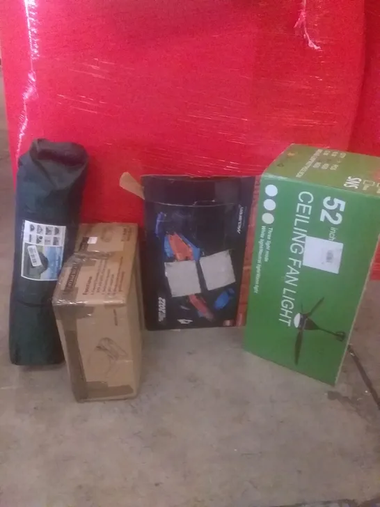 PALLET OF ASSORTED ITEMS INCLUDING CEILING FAN LIGHT, LEGO MCLAREN, VINTAGE SUITCASE TURNTABLE, POP UP TENT