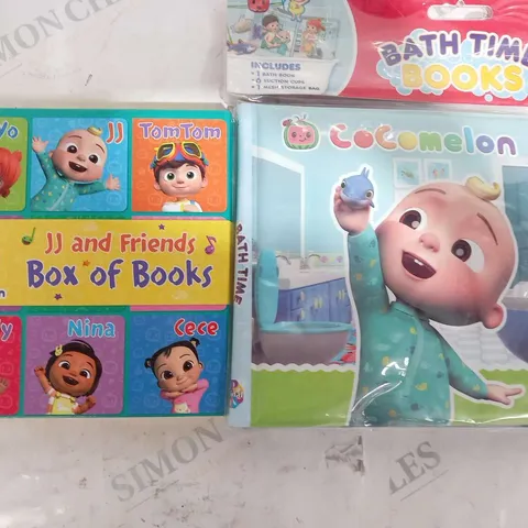 APPROXIMATELY 30 ASSORTED COCOMELON PRODUCTS TO INCLUDE; JJ AND FRIENDS BOX OF BOOKS AND BATH TIME BOOKS