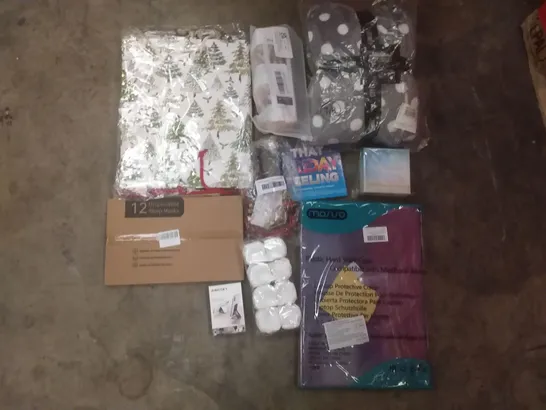 PALLET OF ASSORTED ITEMS INCLUDING MOSISO HARD SHELL CASE, 12 DISPOSABLE SLEEP MASKS, CHRISTMAS GIFT BAGS, PHONE FOLD, KIDS DRESSING GOWN, 3000PCS ARTIFICIAL ROSE PETALS