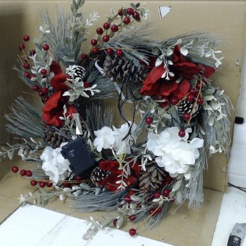 RED, WHITE AND GREY PRE-LIT CHRISTMAS WREATH – 60 CM DIAMETER